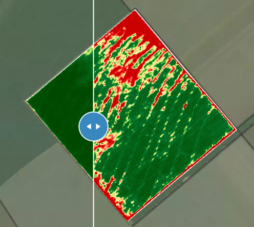 Comparação de mapas de NDVI (Índice de Vegetação da Diferença Normalizada) em lavoura de Soja. Onde a coloração Verde diz respeito a um alto índice de desenvolvimento vegetativo e a coloração Vermelha, baixo índice de desenvolvimento vegetativo.